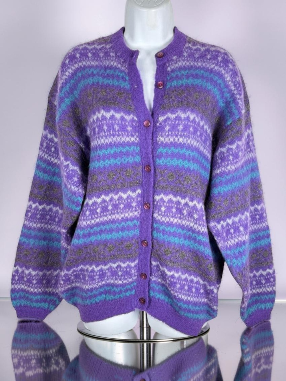 Vintage Cardo Tex Vibrant Purple Wool Cardigan Sweater - Picture 2 of 7